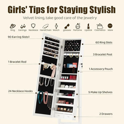 DUMOS Jewelry Armoire Cabinet with Full Length Mirror, 47.3" Jewelry Organizer, Lockable Large Capacity Jewelry Armoire with Drawers, 3 Adjustable Angles, White