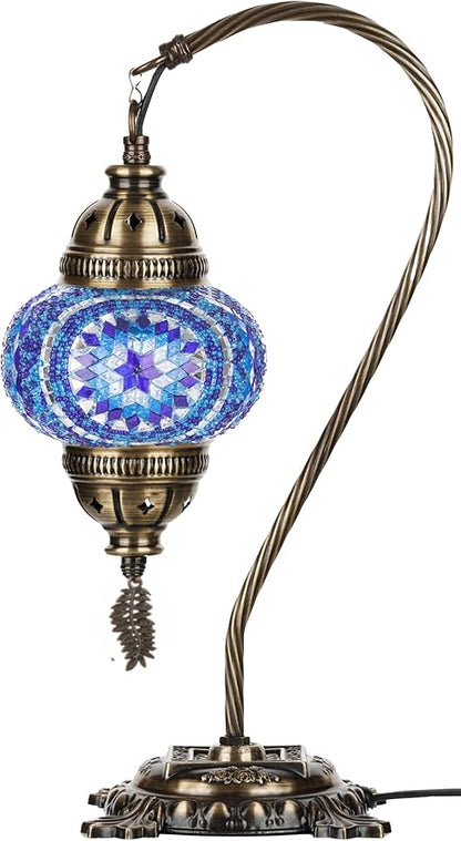 DEMMEX Turkish Moroccan Mosaic Table Lamp – Handcrafted Tiffany-Style Colorful Glass Swan Neck Bedside, Desk, Table Light, Boho Artisan Accent Lighting for Bedroom or Living Room – 15" H, Blue