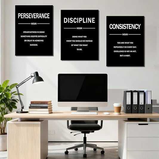 Motivational Wall Decor Perseverance Discipline Consistency 3 Pieces Inspirational Office Posters Positive Picture Prints Artwork for Modern Home Bedroom Gym Classroom Ready to Hang [36''W X 16''H]