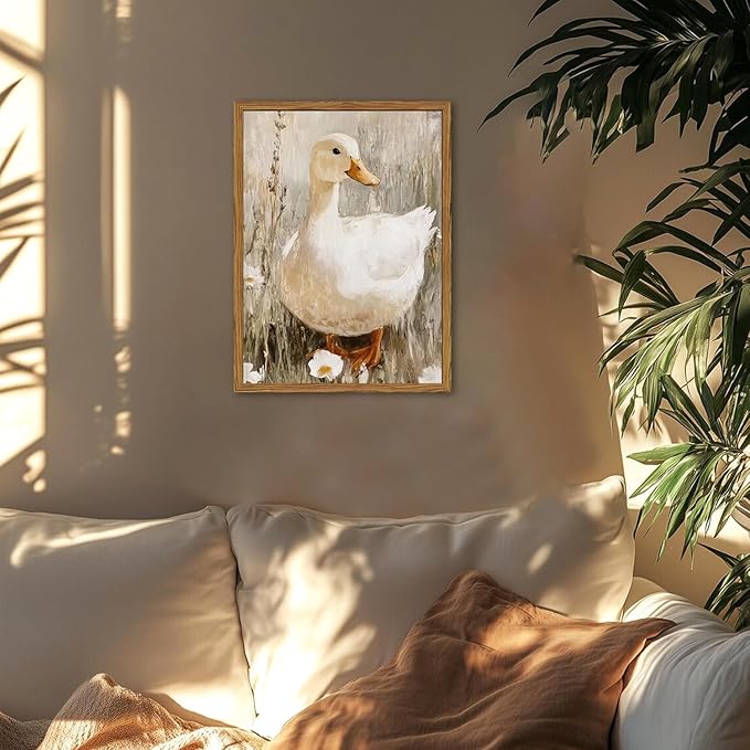 Framed Vintage Duck Canvas Wall Art, Cute Farmhouse Animal Pictures Wall Decor, Rustic Country Nature Paintings Prints Cottagecore Home Decor for Living Room Bedroom Bathroom 16x24 inch
