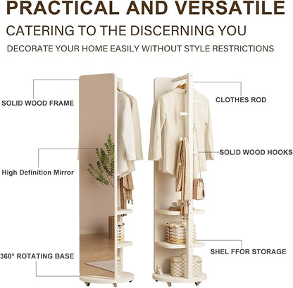 WoodsWhisper Full Length Mirror Coat Rack Solid Wood Floor Mirror 66"x12" Full Length Mirror with Stand Long Mirrors for Bedroom,Living Room (White-Mobile, 66" Lx12 W)