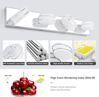 GOODATE 3 Color Temperature Dimmable Vanity Lights for Bathroom, LED Chrome 4 Light Vanity Lighting Fixtures, Acrylic Stainless Steel Oval Shade Bathroom Light Fixtures Over Mirror, ETL Certificated
