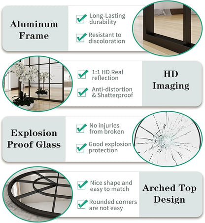 Arched Window Wall Mounted Mirror, 42"x24", Arched Window Pane Mirror Decorative for Entryway, Wall Decor Mirror for Bathroom Vanity, Living Room or Bedroom, Iron Frame, Black