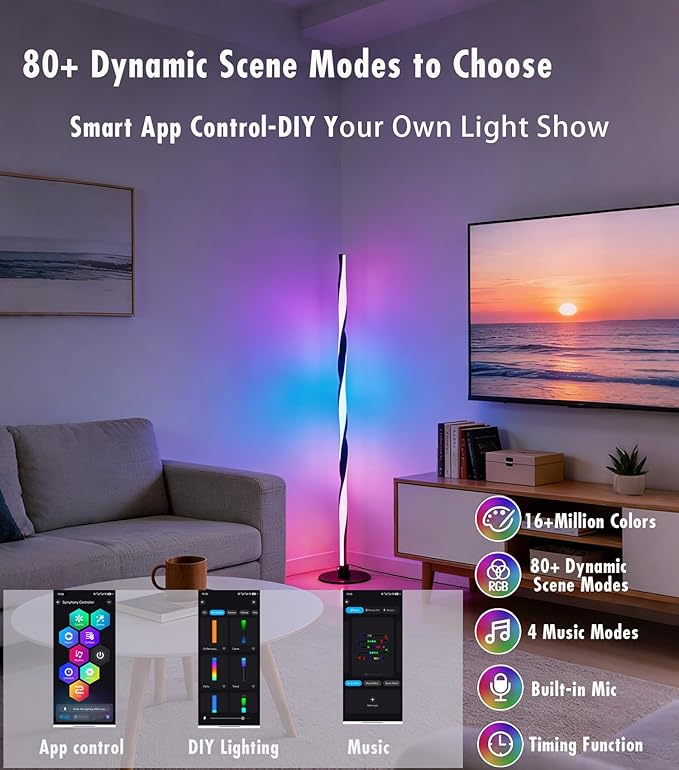 Smart RGBWIC Floor Lamp, LED Corner Lamp compatible with Alexa, Modern Black Floor Lamp with Music Sync and 16 Million DIY Colors, Dimmable Color Changing Standing Lamp for Bedroom Living Game Rooms