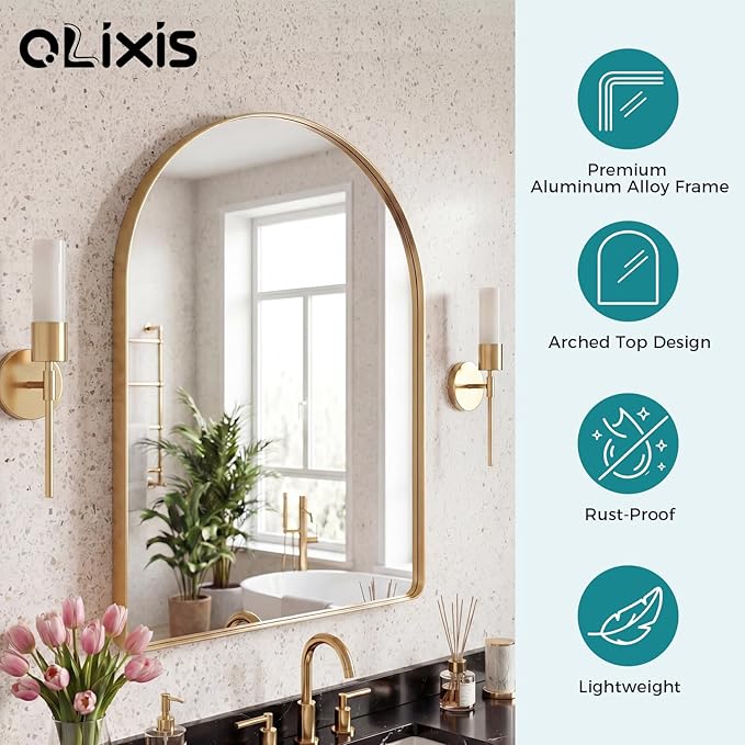 OLIXIS Arched Bathroom Mirror for Over Sink, 30x20 Inch Wall Mirror Arched Rounded Rectangle, Modern Wall Mount Vanity Mirror with Matte Metal Deep Framed, for Home Decor, Living Room, Gold