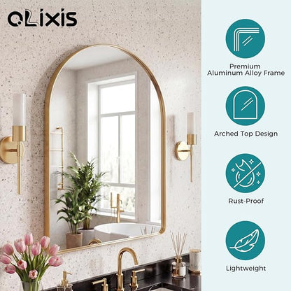 OLIXIS Arched Bathroom Mirror for Over Sink, 30x20 Inch Wall Mirror Arched Rounded Rectangle, Modern Wall Mount Vanity Mirror with Matte Metal Deep Framed, for Home Decor, Living Room, Gold