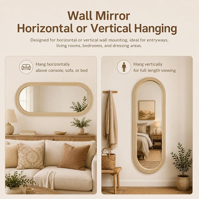 20" x 52" Oval Full Length Wall Mounted Mirror, Handwoven Natural Bamboo Frame (Warm Tone), Boho Coastal Mirror for Entryway, Bedroom, Dressing Room, Vertical & Horizontal Hanging