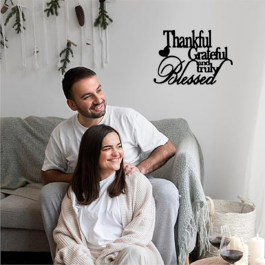 Hppybiry Thankful Grateful Blessed Wall Decor Black Metal Wall Art Thankful Grateful and Truly Blessed Sign Home Decor Entryway Living Room Decoration Signs - 20 Inches