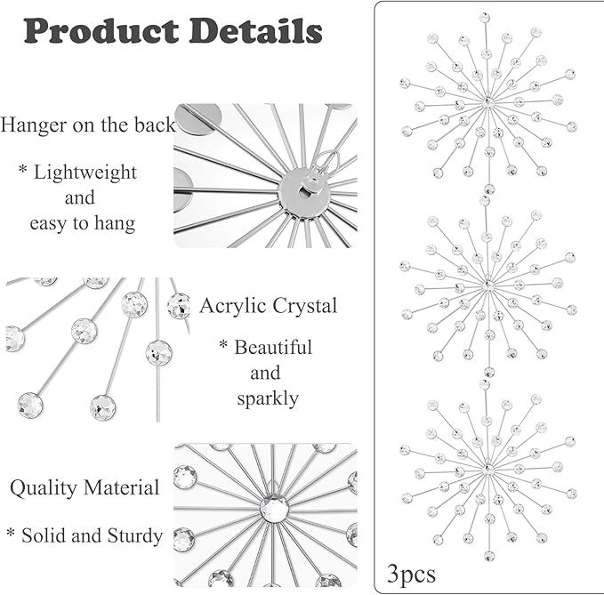 DXYAKY Set of 3 Modern Starburst Wall Decor, Metal Wall Sculpture with Crystal Accents, Silver 3D Wall Art for Living Room, Bedroom & Home, Elegant Hanging Wall Decoration