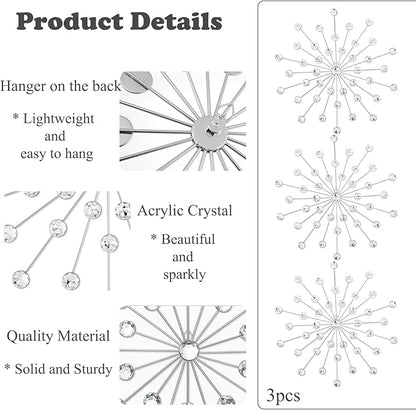 DXYAKY Set of 3 Modern Starburst Wall Decor, Metal Wall Sculpture with Crystal Accents, Silver 3D Wall Art for Living Room, Bedroom & Home, Elegant Hanging Wall Decoration