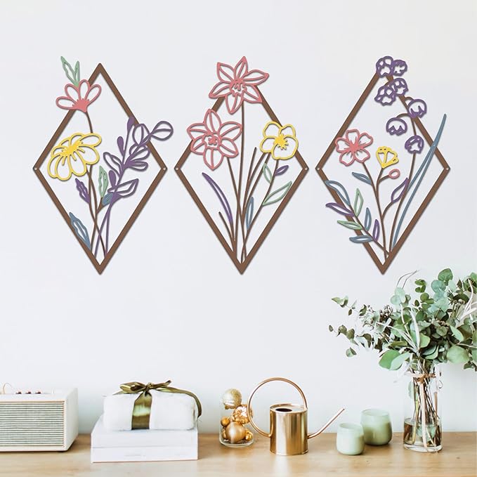 ShxTrade 3 Pcs Metal Flowers Wall Arts, Rustic Farmhouse Decor Minimalist Flower Wall Decors Natural Themed Home Decorations for Bathroom Kitchen Living Room Bedroom (Purple)