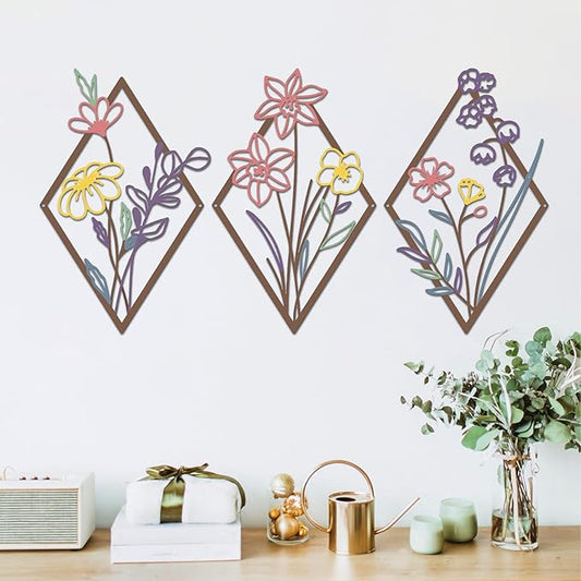 ShxTrade 3 Pcs Metal Flowers Wall Arts, Rustic Farmhouse Decor Minimalist Flower Wall Decors Natural Themed Home Decorations for Bathroom Kitchen Living Room Bedroom (Purple)