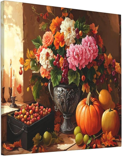 LB Vintage Kitchen Wall Art Pink and White Flower and Orange Pumpkin Floral Canvas Wall Art Modern Aesthetic Wall Decor for Living Room Restaurant Home Decoration Framed Ready to Hang 12L x 12W
