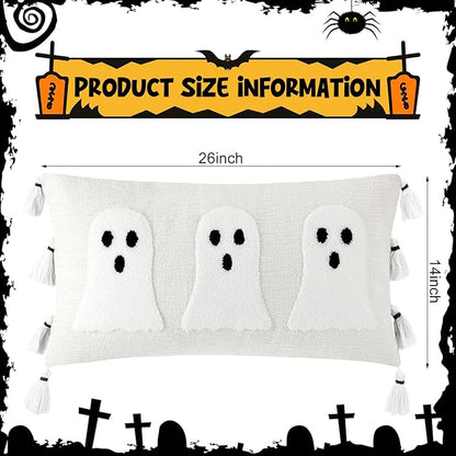 Vercraft Halloween Ghost Throw Pillow with Tassels 14x26 Inch Ghost Spooky Halloween Throw Lumbar Pillows Decorative Pillows Halloween Room Decor for Holiday Party Sofa Bed Cushion (White)