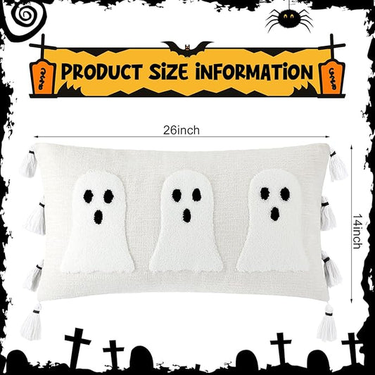 Vercraft Halloween Ghost Throw Pillow with Tassels 14x26 Inch Ghost Spooky Halloween Throw Lumbar Pillows Decorative Pillows Halloween Room Decor for Holiday Party Sofa Bed Cushion (White)
