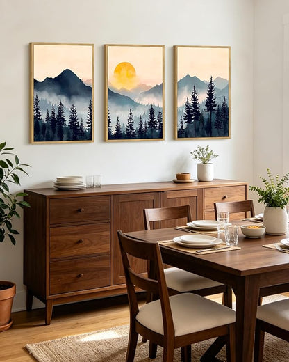 PHOPAGO Blue Fog Pine Tree Mountain Landscape Framed Wall Art Large 16x24in Retro Watercolor Nature Misty Forest Artwork Paints Sun Rise Rustic Farmhouse Home Decor - Natural Framed