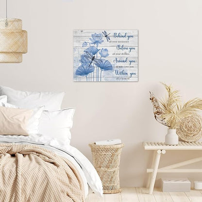 LB Inspirational Dragonfly Wall Art Vintage Farmhouse Blue Floral Canvas Wall Art Rustic Wood Wall Decor for Bedroom Bathroom Living Room Framed Ready to Hang 8L x 10W
