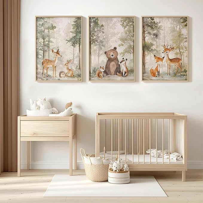 Tocliky Woodland Nursery Wall Art Decor Animal Forest Canvas Prints Baby Boy Room Wall Decor Bear Nursery Nature Pictures Deer Prints Artwork for Boy Girl Kids Bedroom 16x24 Inch Unframed Set of 3
