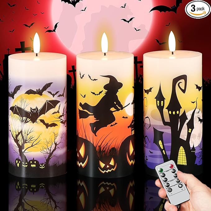 Halloween Flameless LED Candles Battery Operated with Remote and Timer, Real Wax Flickering Pillar Candles 3D Wick Dimmable Light Castle Witch Bats Halloween Decor(3 Pack, 3 x 6 Inches)