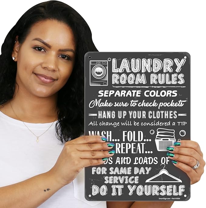 SmartSign Large Laundry Room Rules Sign, “Separate Colors, Check Pockets, Change Considered Tip” Metal Sign, 14 x 10 inch, 40 mil Laminated Rustproof Aluminum, Chalkboard Pattern Background, USA-Made