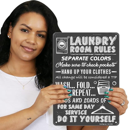 SmartSign Large Laundry Room Rules Sign, “Separate Colors, Check Pockets, Change Considered Tip” Metal Sign, 14 x 10 inch, 40 mil Laminated Rustproof Aluminum, Chalkboard Pattern Background, USA-Made