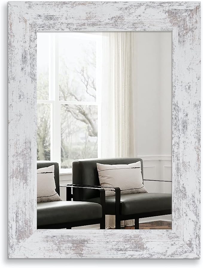 Syndra Wood Mirror with Frame, Rustic 24X32 Inch Wall Mounted Vanity Mirror with Large Wood Frame, Farmhouse Bathroom Mirror for Bedroom, Living Room, Entryway Wall Decor(White)