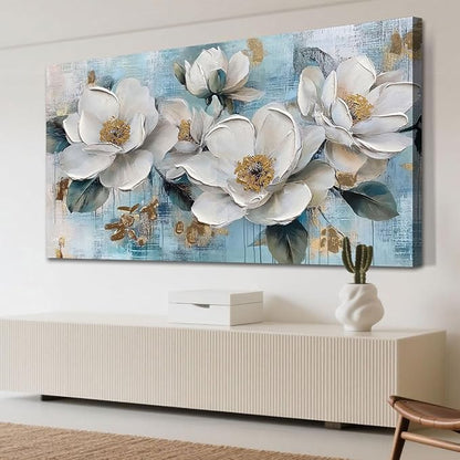 Ardemy Flower Wall Art for Living Room White Floral Canvas Art Wall Decor, Magnolia Teal Picture Textured Extra Large Painting Turquoise Framed Artwork Bedroom Dining Room Kitchen Home Office 58"x29"