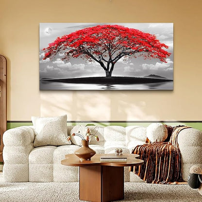 Wapluam Large Canvas Prints Wall Art For Living Room Bedroom Wall Decor Red Tree Landscape Painting Black And White Pictures To Hang Modern Home Decorations For Office Stretched And Framed Artworks