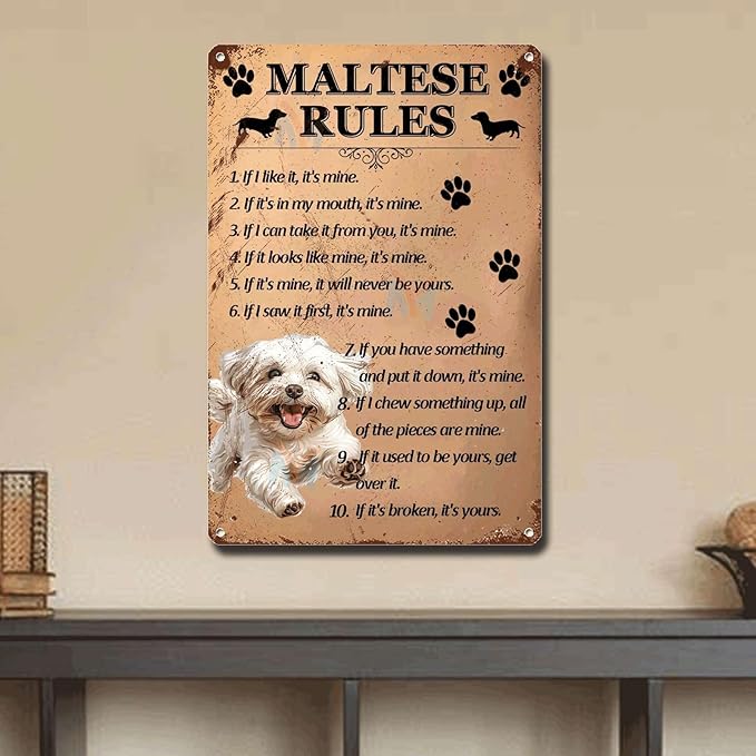Metal Sign Tin Sign Vintage Wall Art Maltese Rules Metal Garden Sign for Restaurant 6×8 Inches
