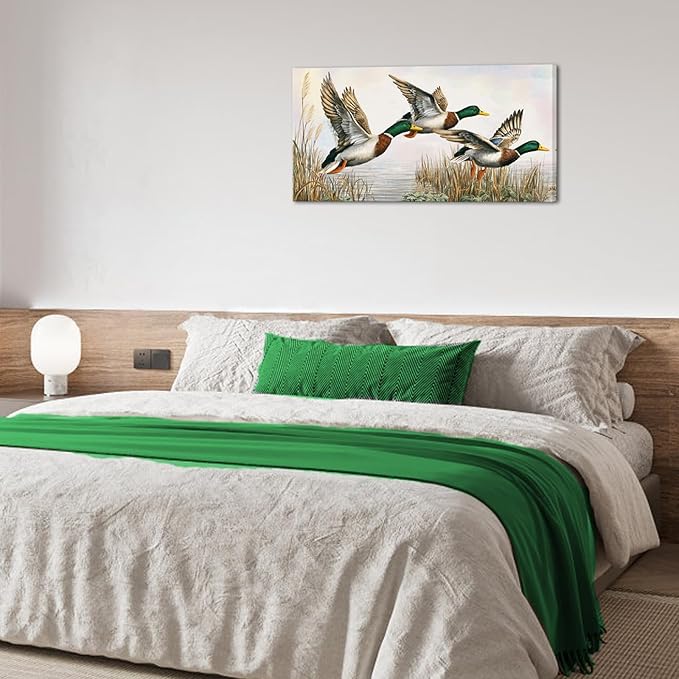 LevvArts Duck Wall Art Flying Mallard Ducks Over Lake Painting Canvas Print Vintage Lake House Cabin Decor 20"x40"