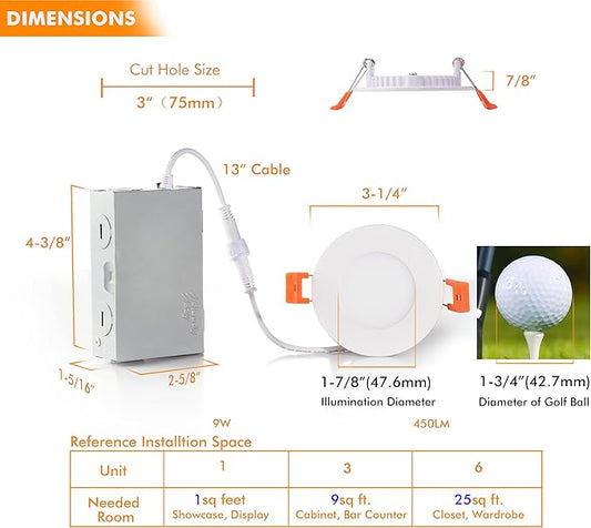 CLOUDY BAY 3 inch 5 Color Ultra Thin LED Recessed Light with Junction Box, Canless Wafer Downlight, IC Rated, 8W CRI90+, 5 Color Temperature Selectable, Illumination Diameter 1-7/8inch,White, 6 Pack