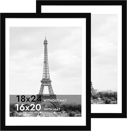 iRahmen 18x24 Poster Frame with 16x20 Mat - Plexiglass Wooden Picture Frames for Photo Wall Gallery Mounting (Pure Black, Set of 2)