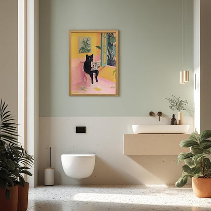 Cyebmo Funny Bathroom Wall Art, Cute Black Cat Sitting on Toilet Reading Newspaper Wall Decor, Whimsical Pink Abstract Animal Canvas Artwork for Bathroom Kid's Restroom Bedroom Wood Framed 16x24 Inch