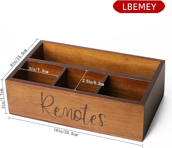 LBEMEY Acacia Wood Remote Control Holder Caddy, TV Organizer for Table, Vintage Farmhouse Desk Caddy (Brown-for 6+ Controls)
