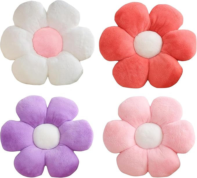 CANGHI 4 PCS Flower Pillows Flower Shaped Throw Pillow Cute Daisy Pillows Seating Cushions for Adults Kids Home Bedroom Sofa Chair Couch Decor (White/Pink/Lavender/Dusty Pink, 15.74 inch)