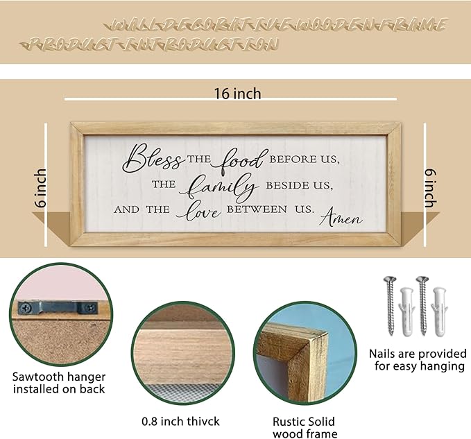 comurdyo Modern Religious Holy Dining Room Bless the Food Before Us Prayer Sign Wall Decor 16"×6" Framed Wood for Small Rustic Minimalist Christian Catholic Kitchen Wall Art Hanging (Wood)