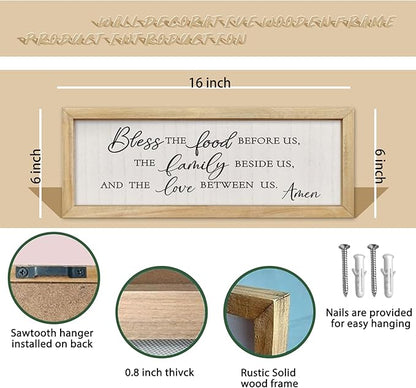 comurdyo Modern Religious Holy Dining Room Bless the Food Before Us Prayer Sign Wall Decor 16"×6" Framed Wood for Small Rustic Minimalist Christian Catholic Kitchen Wall Art Hanging (Wood)