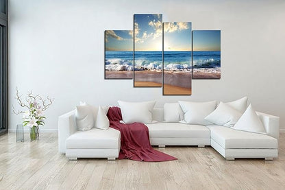 Modern Landscape Beach Ocean Wave Pictures Painting on Canvas 4 Piece Combination Set Landscape Pictures Wall Art for Living Room Home Decor Wooden Framed Stretched Ready to Hang (56" W x 44" H)