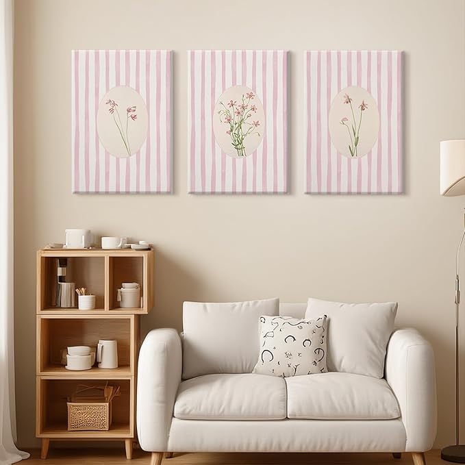 Pink Flower Wall Art Striped Floral Prints Botanical Canvas Wall Decor Aesthetic Pictures Pastel Pink Floral Poster Minimalist Flower Painting for Girl Room 16x24 Inch Wrapped Canvas Set of 3