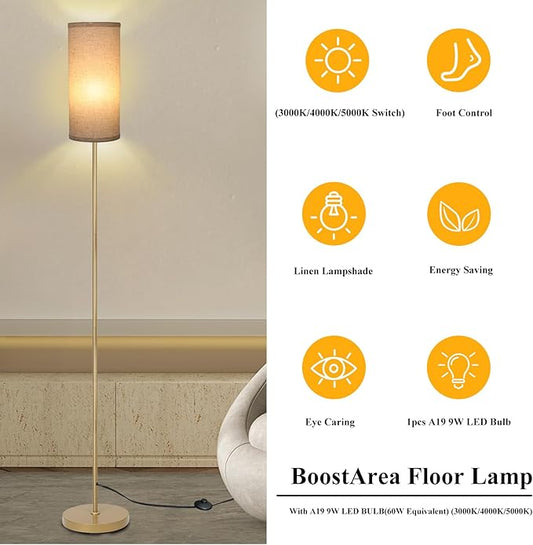 Boostarea Floor Lamp for Living Room with 3 Color Temperatures Bulb, Industrial Floor Lamps, Gold Classic Tall Lamp for Office, Standing Lamps for Bedroom, Kids Room, Reading(9W LED Bulb, Linen Shade)