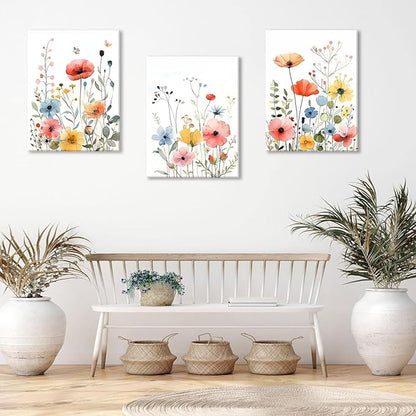 KISSFOX Framed Colorful Wildflower Canvas Wall Art Set Of 3 Flowers Pictures Prints Flowers Printing Floral Watercolors Flower wall Decor Living Room Girls Bedroom Bathroom