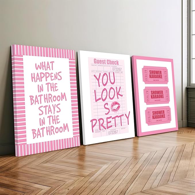 JBZDD 3Pcs Framed Preppy Pink Bathroom Wall Art Set, Funny Guest Check & Shower Karaoke Stamp Canvas Posters, Trendy Indie Pop Room Decor for Women Powder Room Restroom 12x16in
