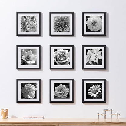 eletecpro 10x10 Picture Frames Set of 9 with Mat for 8x8 Photos or without Mat for 10x10, Square Gallery Wall Decor Collage for Picture Display, Black Frame Set for Wall Hanging