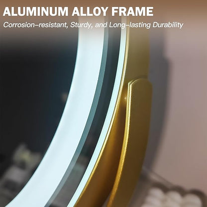ROLOVE Aesthetic Gold Vanity Mirror with Soft Lights, 12 Inch Standard 1X View, 3-Color Dimmable Tabletop Mirror for Bedroom Decor, 360° Rotation Ambient Light up Mirror