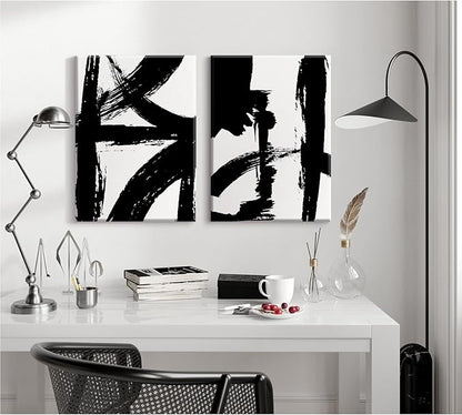 Black and White Wall Art Abstract Modern Painting Minimalist Line Canvas Wall Art Decor Black And White Poster Abstract Artwork Prints for Living Room Bedroom 12x16 Inch Wrapped Canvas Set of 2