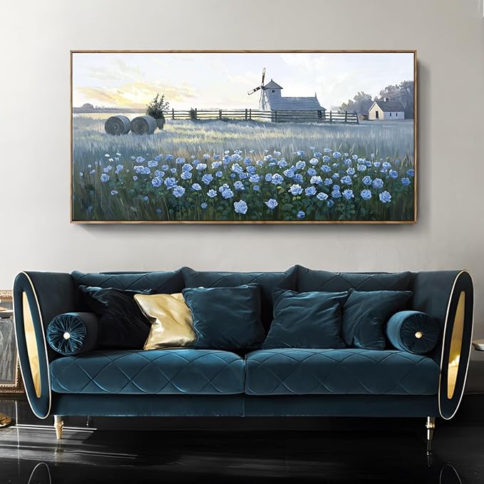 Oversize Framed Modern Wall Art, Natural Landscape Canvas Picture, Blue Rustic Farm Windmill And Floral Artwork For Living Rooms, Bedrooms, Hallways, Balconies, Dining Rooms, And Offices. 58X29 Inches.