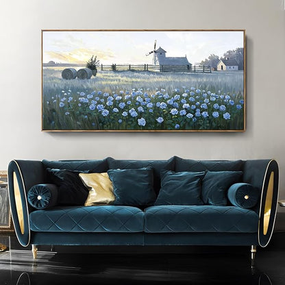 Oversize Framed Modern Wall Art, Natural Landscape Canvas Picture, Blue Rustic Farm Windmill And Floral Artwork For Living Rooms, Bedrooms, Hallways, Balconies, Dining Rooms, And Offices. 58X29 Inches.