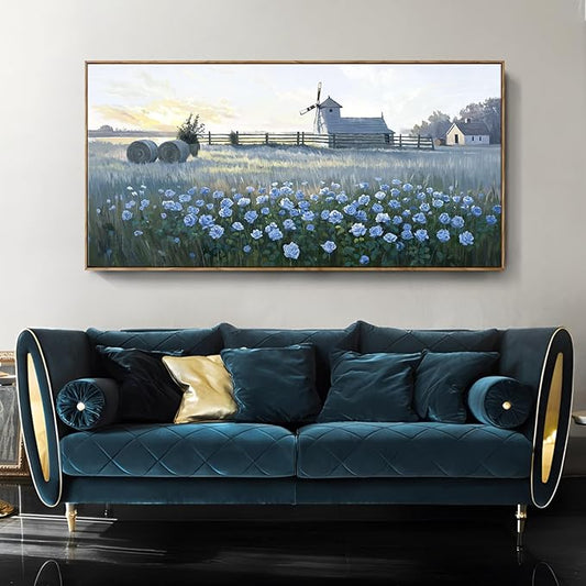 Oversize Framed Modern Wall Art, Natural Landscape Canvas Picture, Blue Rustic Farm Windmill And Floral Artwork For Living Rooms, Bedrooms, Hallways, Balconies, Dining Rooms, And Offices. 58X29 Inches.