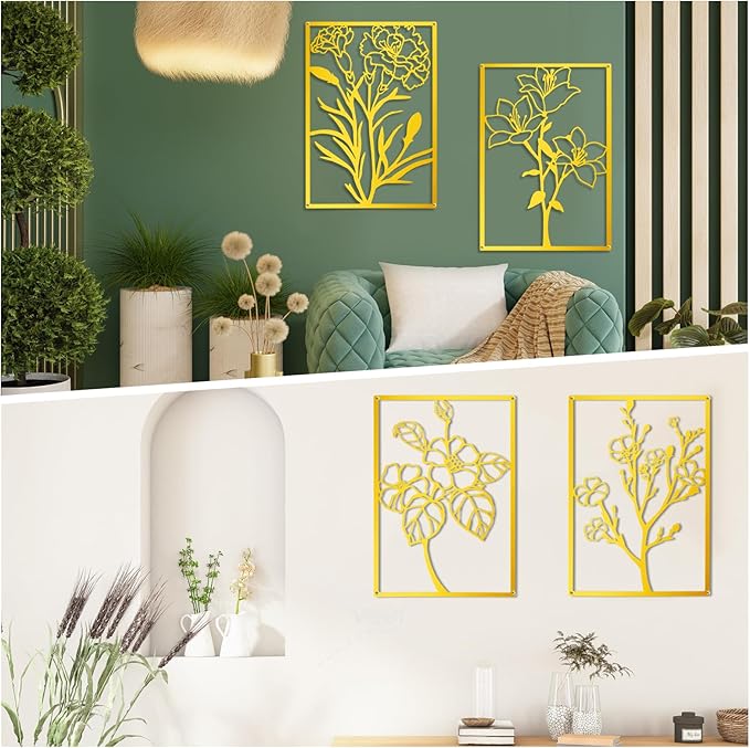 ZNZAPO 4 Pcs Large Gold Metal Flower Wall Art, Abstract Line Art Wall Decor, Minimalist Floral Wall Hanging Art, 3d Wall Art Sculptures Decor for Living Room Bedroom Bathroom (15.7 × 22.5”)