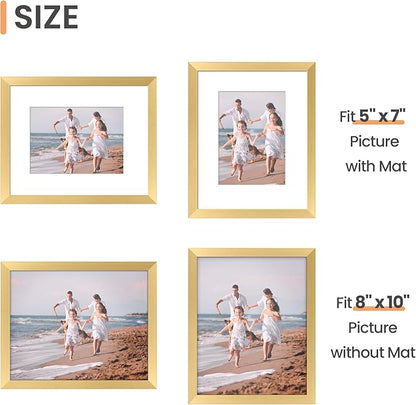 upsimples 8x10 Picture Frame Set of 10, Display Pictures 5x7 with Mat or 8x10 Without, Multi Photo Frames Collage for Wall or Tabletop Display, Gold